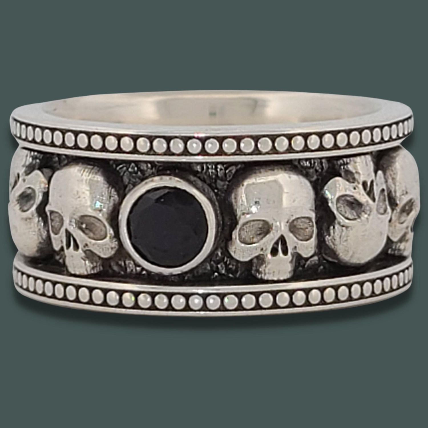 MEMENTO MORI II WIDE SKULL SOLITAIRE BAND RING in GOLD with CHOICE of 5mm GEMSTONE- Starting at $1949 - Celtic Jewelscapes