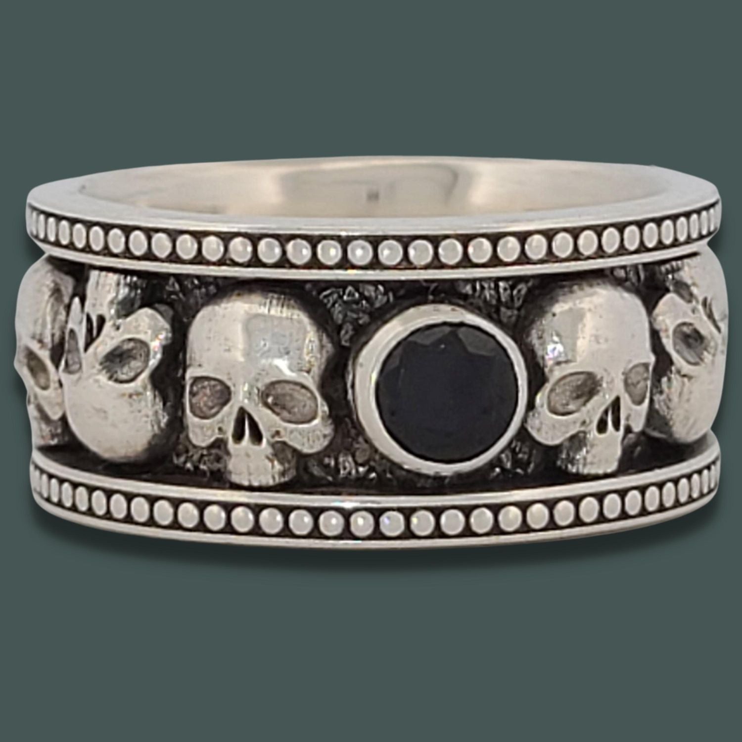 MEMENTO MORI II WIDE SKULL SOLITAIRE BAND RING in SILVER with CHOICE of 5mm GEMSTONE- Starting at $259 - Celtic Jewelscapes