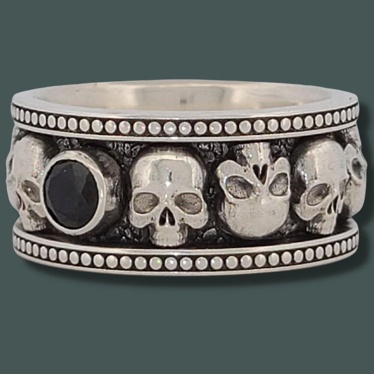 MEMENTO MORI II WIDE SKULL SOLITAIRE BAND RING in SILVER with CHOICE of 5mm GEMSTONE- Starting at $259 - Celtic Jewelscapes