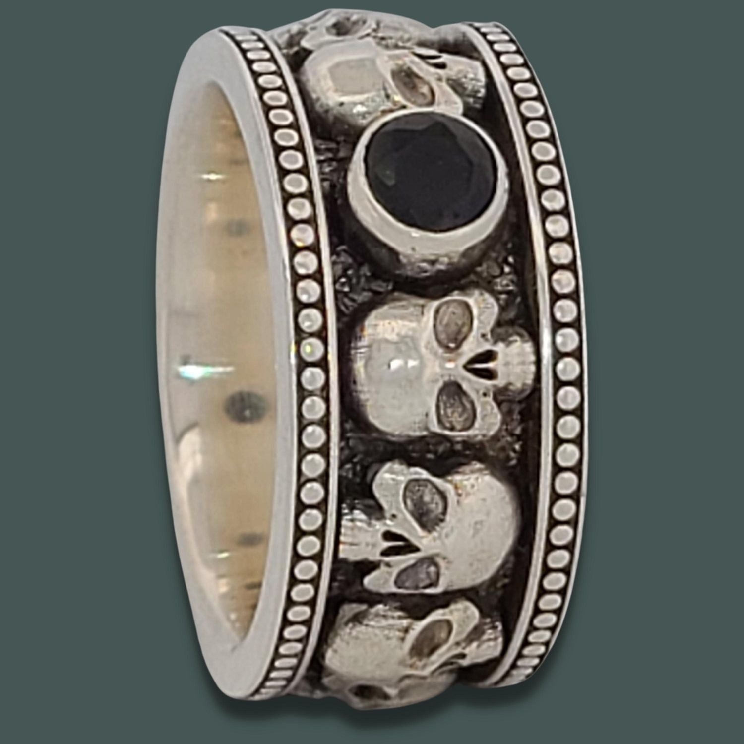 MEMENTO MORI II WIDE SKULL SOLITAIRE BAND RING in SILVER with CHOICE of 5mm GEMSTONE- Starting at $259 - Celtic Jewelscapes